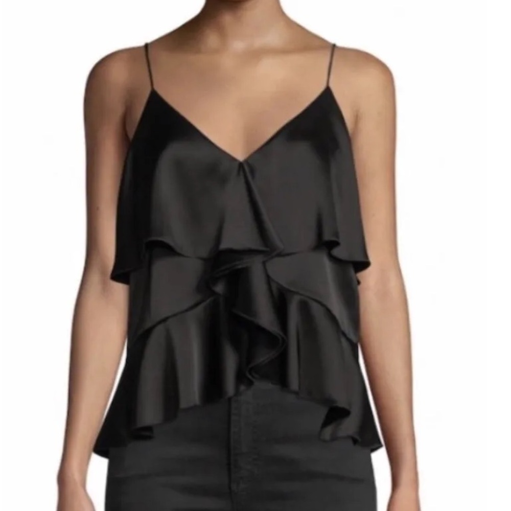 NWT Alice and Olivia Satin Black Ruffle Spaghetti Strap Top Blouse